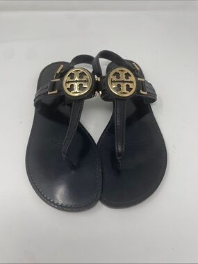 Tory Burch Cassia Black Thong Sandals Gold Logo Size 9.5